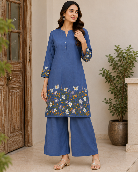Denim fabric (Floral embroidery)